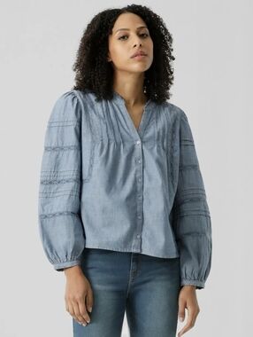 BNWT Levi's Mandy Blue Chambray Lace Pintuck Peasant Blouse XS Cottagecore Boho